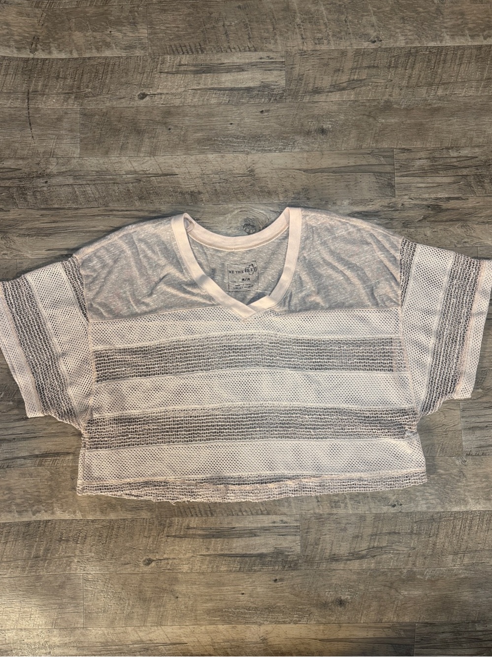 We The Free Tan and Cream Striped Sheer V-Neck Crop Top - Size M